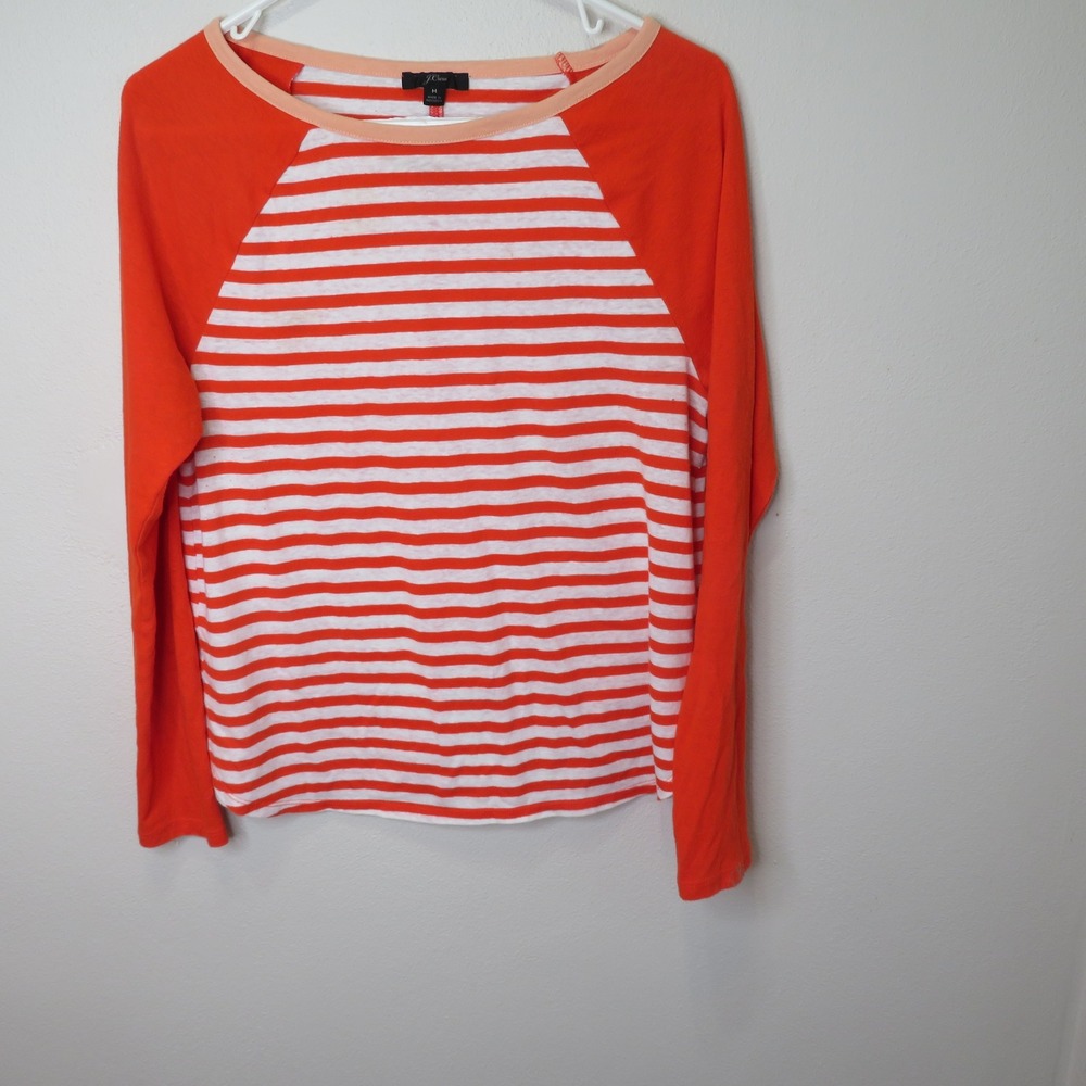 J.Crew Womens Orange White Striped Raglan Long Sleeve T-Shirt Size M Cotton